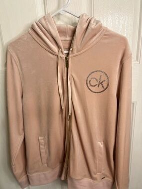 NWT Calvin Klein Velour Zip Up Hoodie Blush Pink Rhinestone Logo Size L